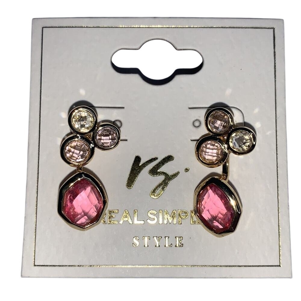 Real Simple Style Gold Pink Clear Crystal Cluster Drop Earrings R1256 NEW